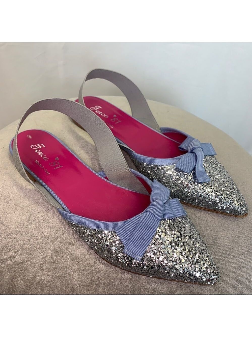 FERCA 81 Silver glitter blue bow Slingback flats Sz 39